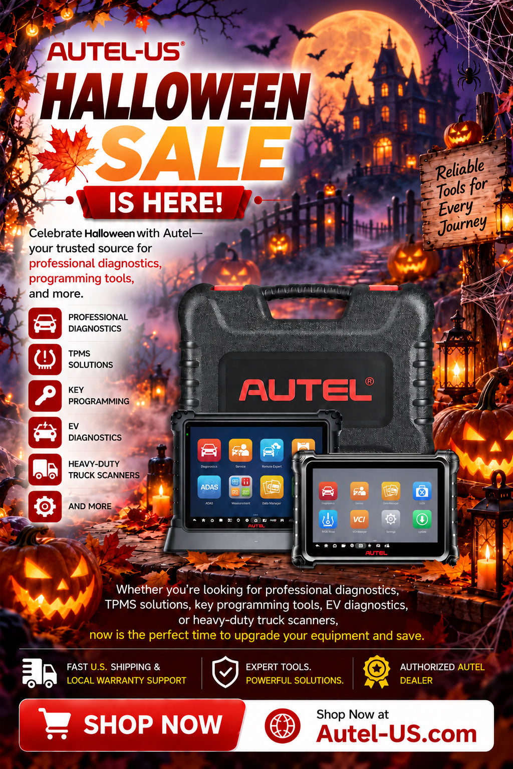 Autel-US Halloween Sale 2026 featuring diagnostic tablets and a carrying case against a moonlit Halloween scene. Shop the collection.