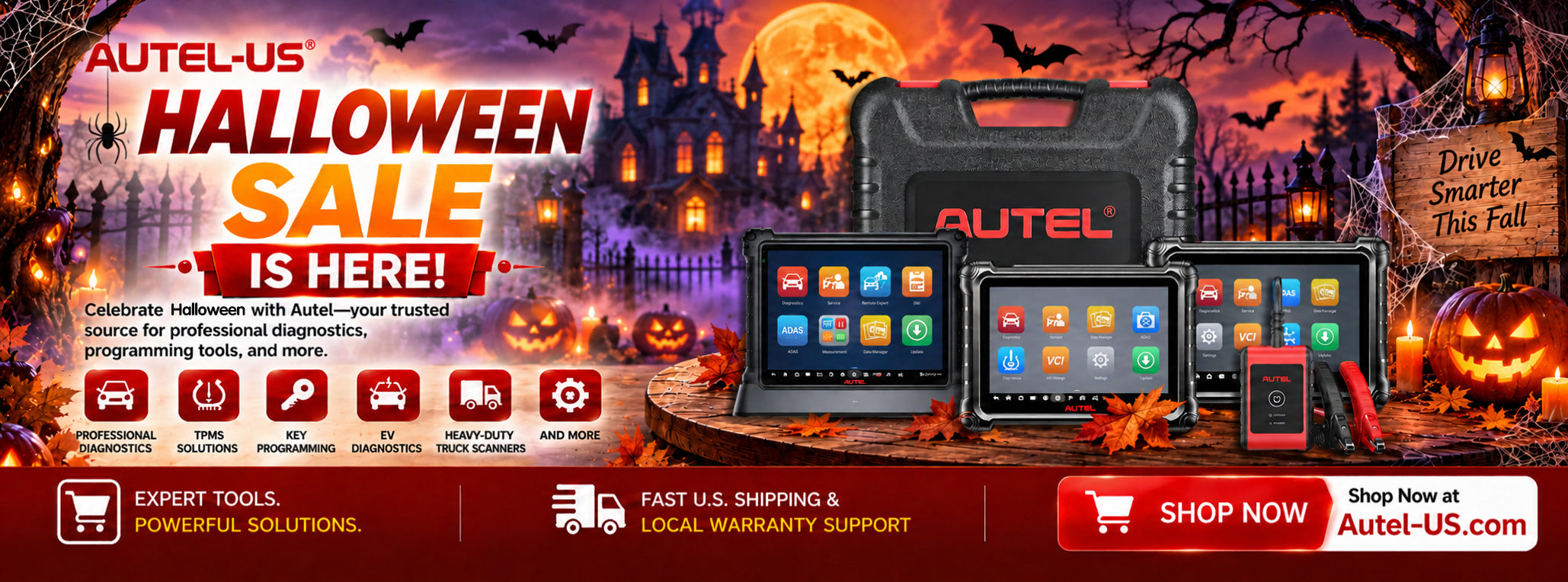 Autel-US Halloween Sale 2026 banner featuring automotive diagnostic tools, pumpkins and a moonlit castle. Shop the collection.